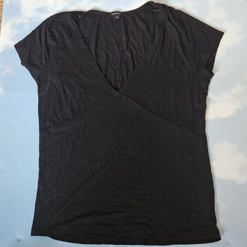 Black V-Neck Women's Top Black Robbed Knit Basic Black Short Sleeve Top